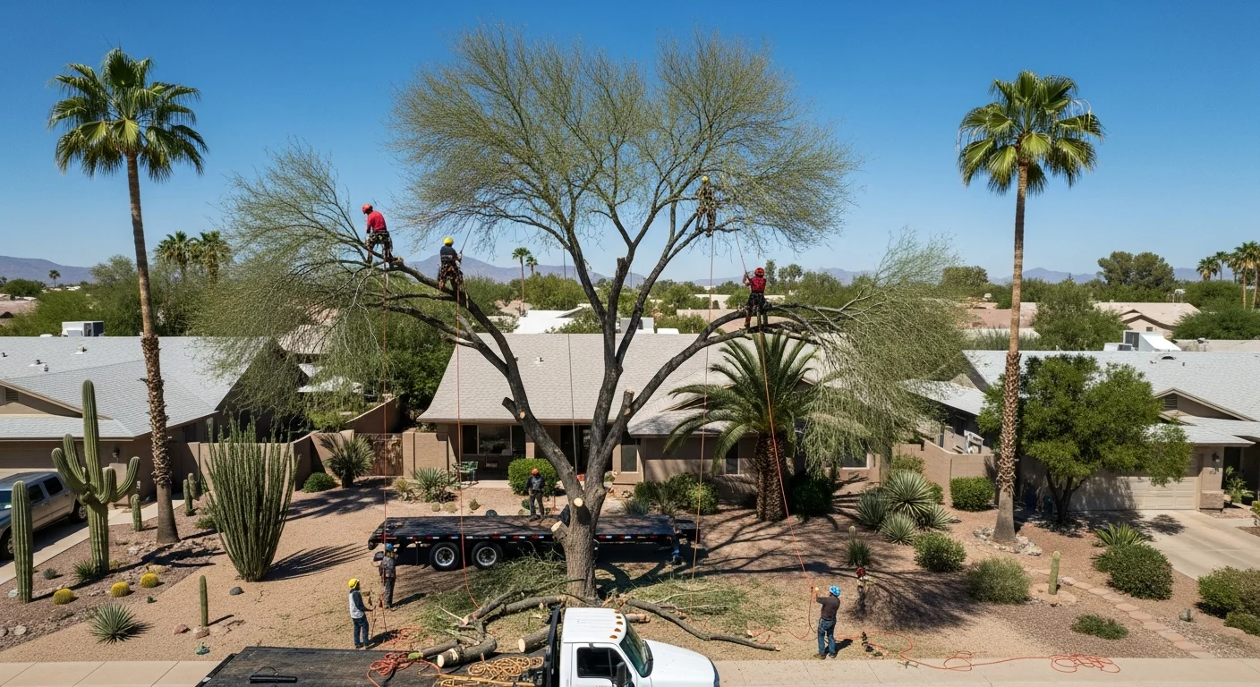 Aerial view of a controlled tree removal in Phoenix