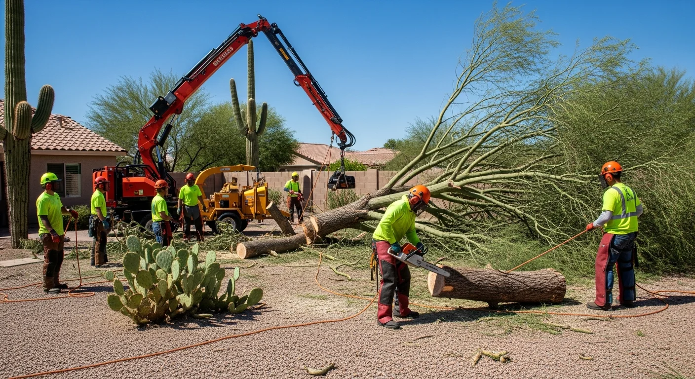 Twilight crew clearing a large tree with a knuckle-boom crane in Phoenix